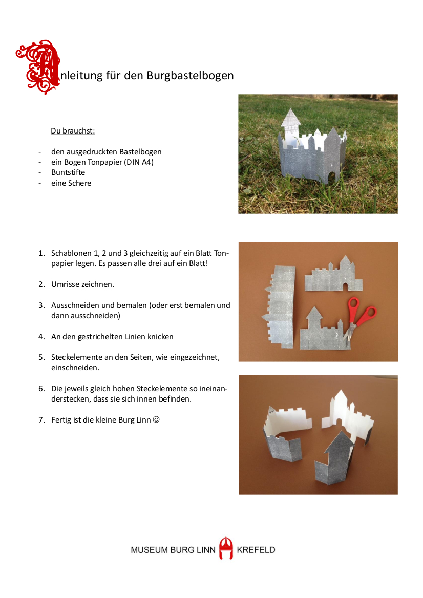 Anleitung mit Bild von gebastelter Papierburg in grau auf grüner Wiese, rot-weißer Text.