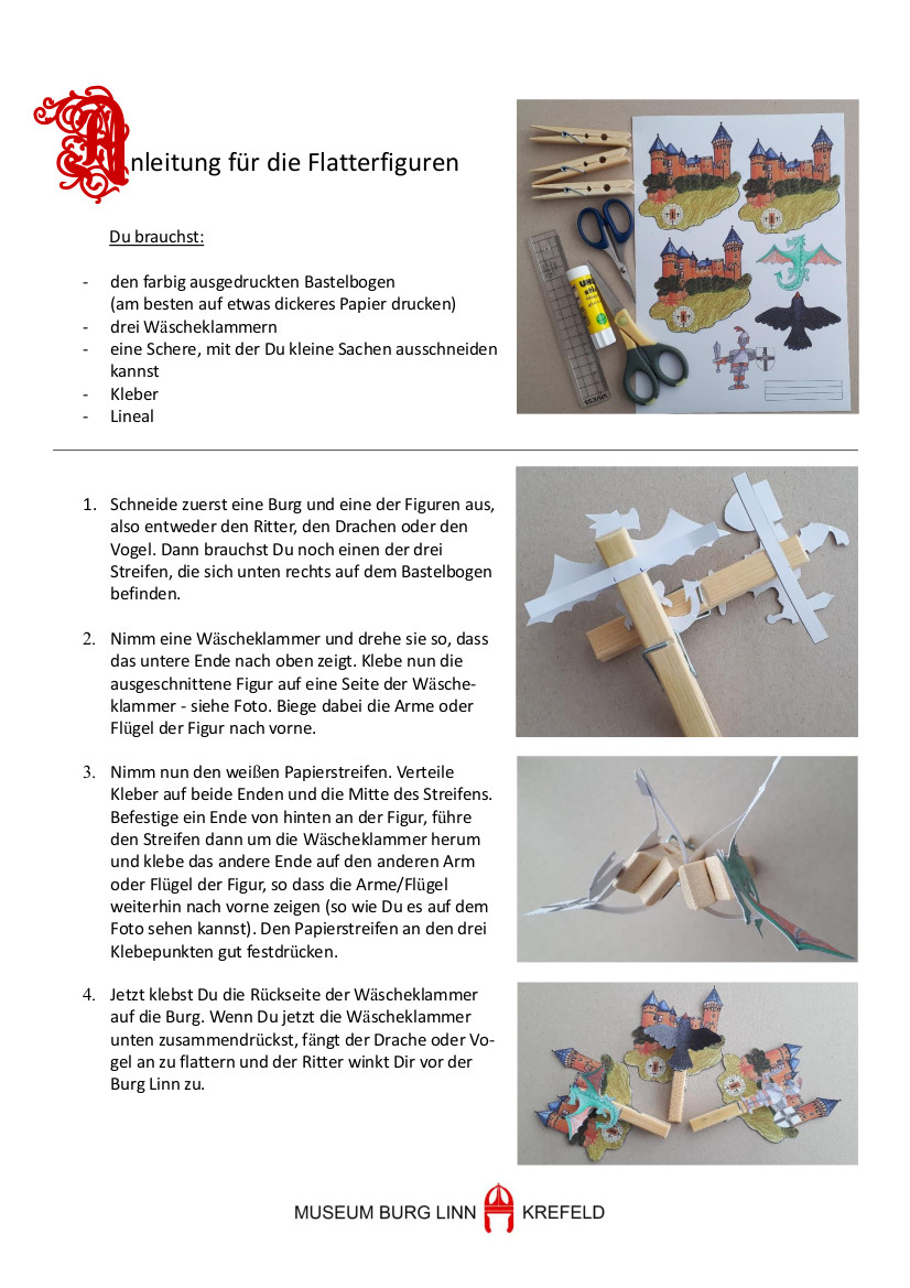 Anleitung zum Basteln von Flatterfiguren: Burg, Ritter und Drache auf Bastelbogen.