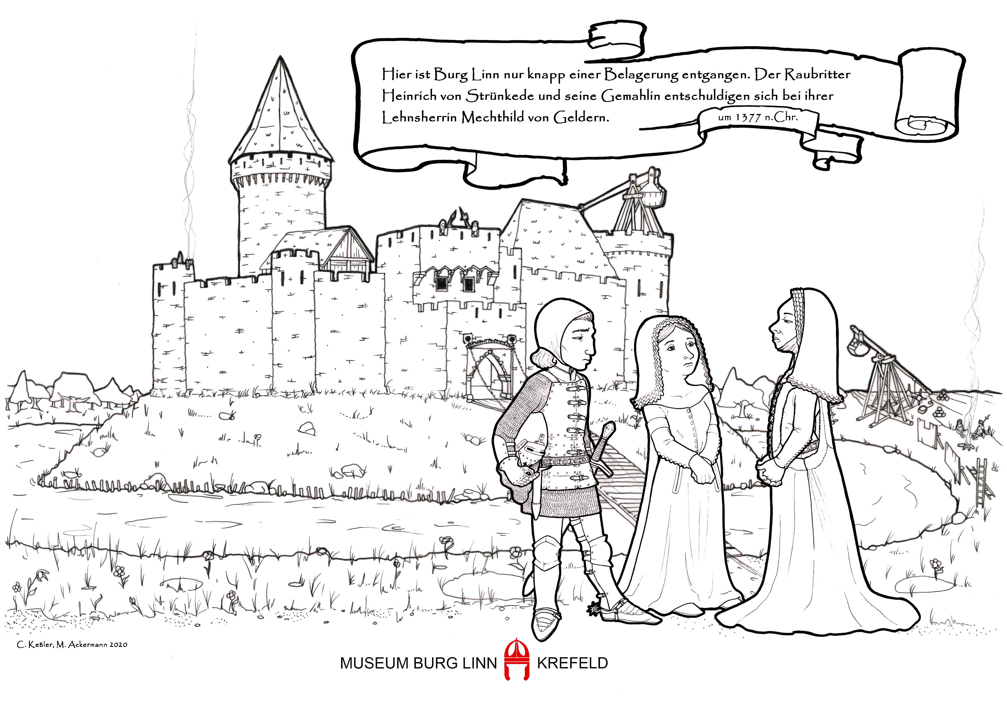 Eine historische Szene mit drei Personen in mittelalterlichen Gewändern vor einer Burg.