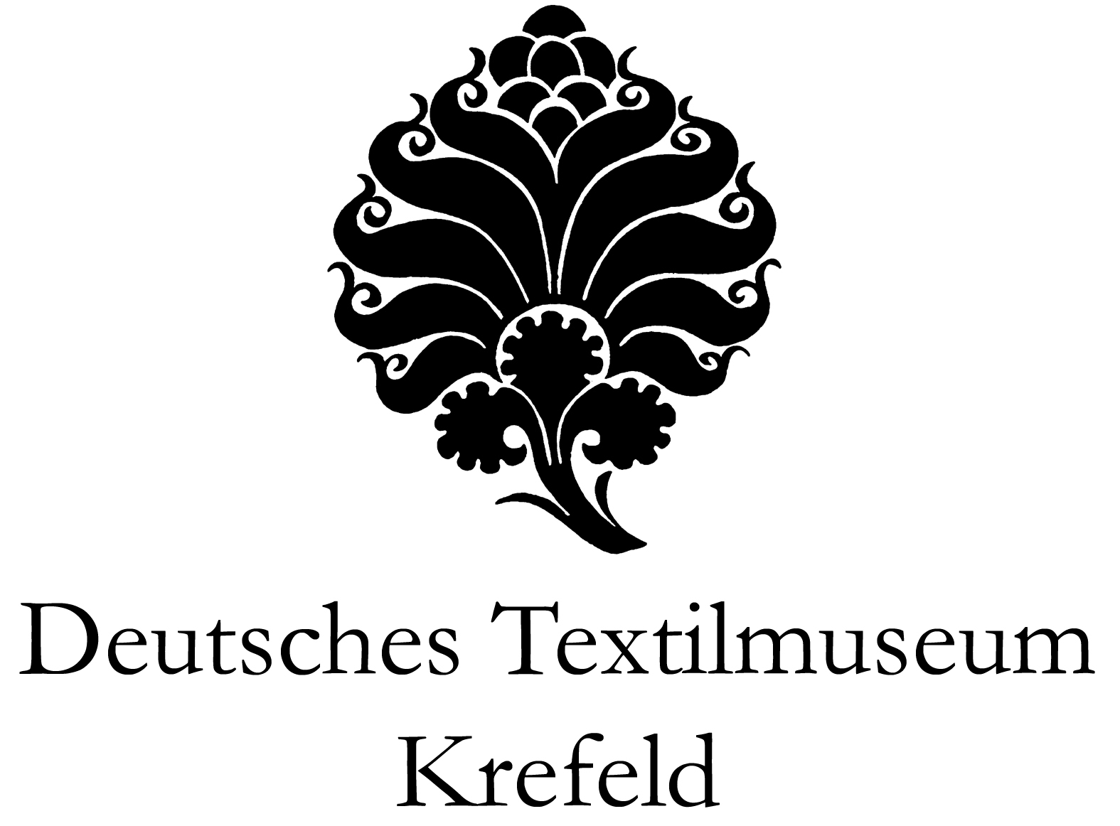 Logo des Deutschen Textilmuseums Krefeld, schwarz-weiß, stilisiertes florales Design.