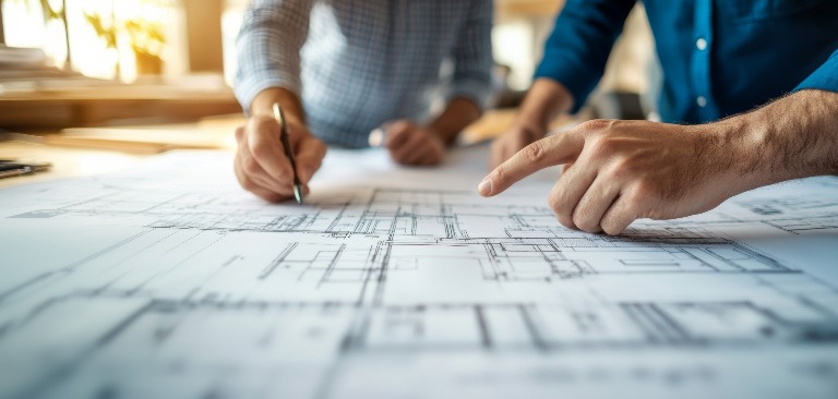 Zwei Personen arbeiten zusammen, während sie die detaillierten architektonischen Pläne durchsehen, wobei die Diskussionen über Design und Konstruktion im Vordergrund stehen.