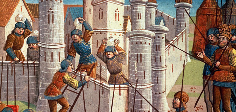 Mittelalterliche Szene: Soldaten erstürmen eine Burg, farbenfrohe Rüstungen, entschlossene Gesichter.