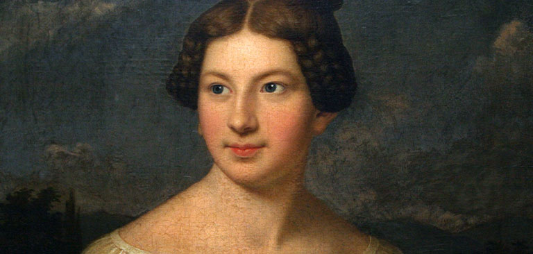 Gemälde einer Frau mit ernstem Ausdruck, braunes Haar, heller Hintergrund, klassisch gekleidet.