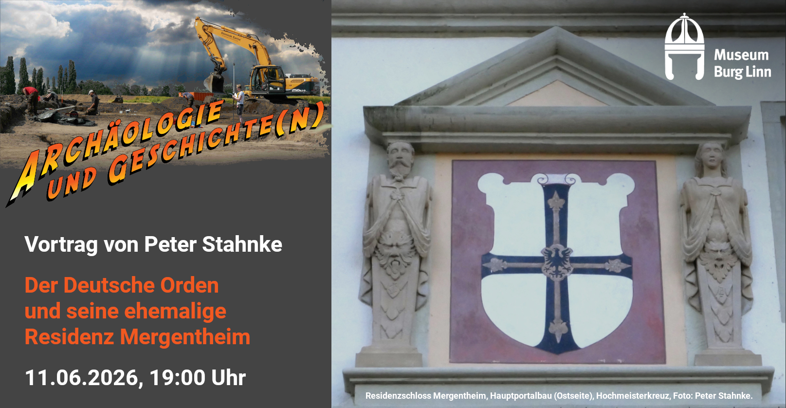 Statuen mit ruhigem Ausdruck am Portal neben Wappenschild in Grau und Blau