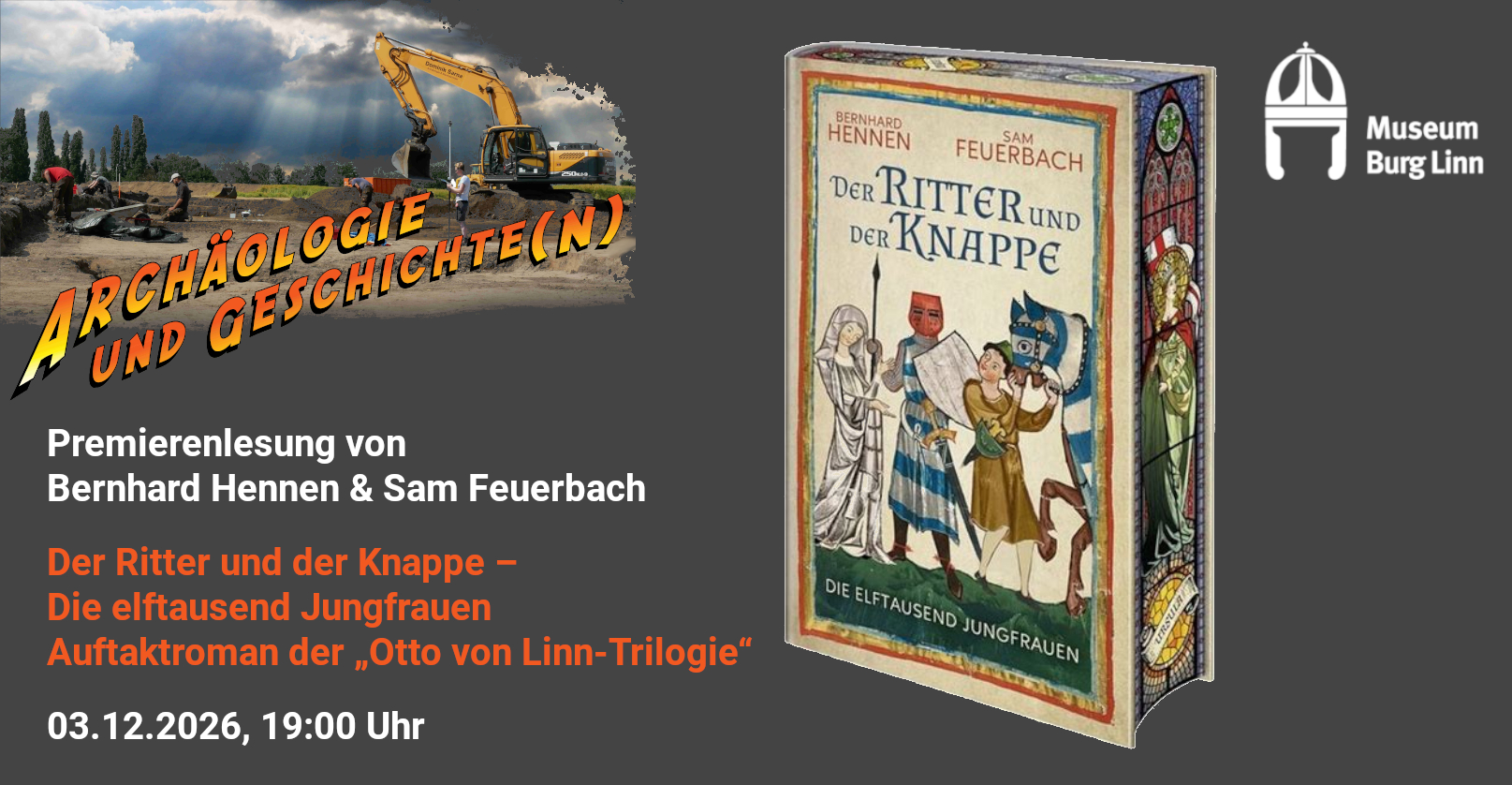 Buchcover mit mittelalterlichen Figuren in bunten Gewaendern und Ritterschild